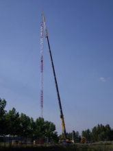 Grúa de 250 tm. montando antena de radio de 90m.